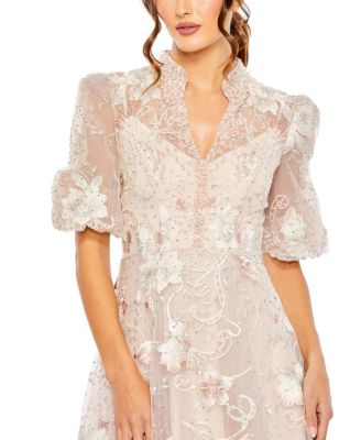  Petite Pink Queen Anne Puff Sleeve A-Line Gown