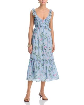 Flower Bouquet Ruffle V Neck Midi Dress - Exclusive