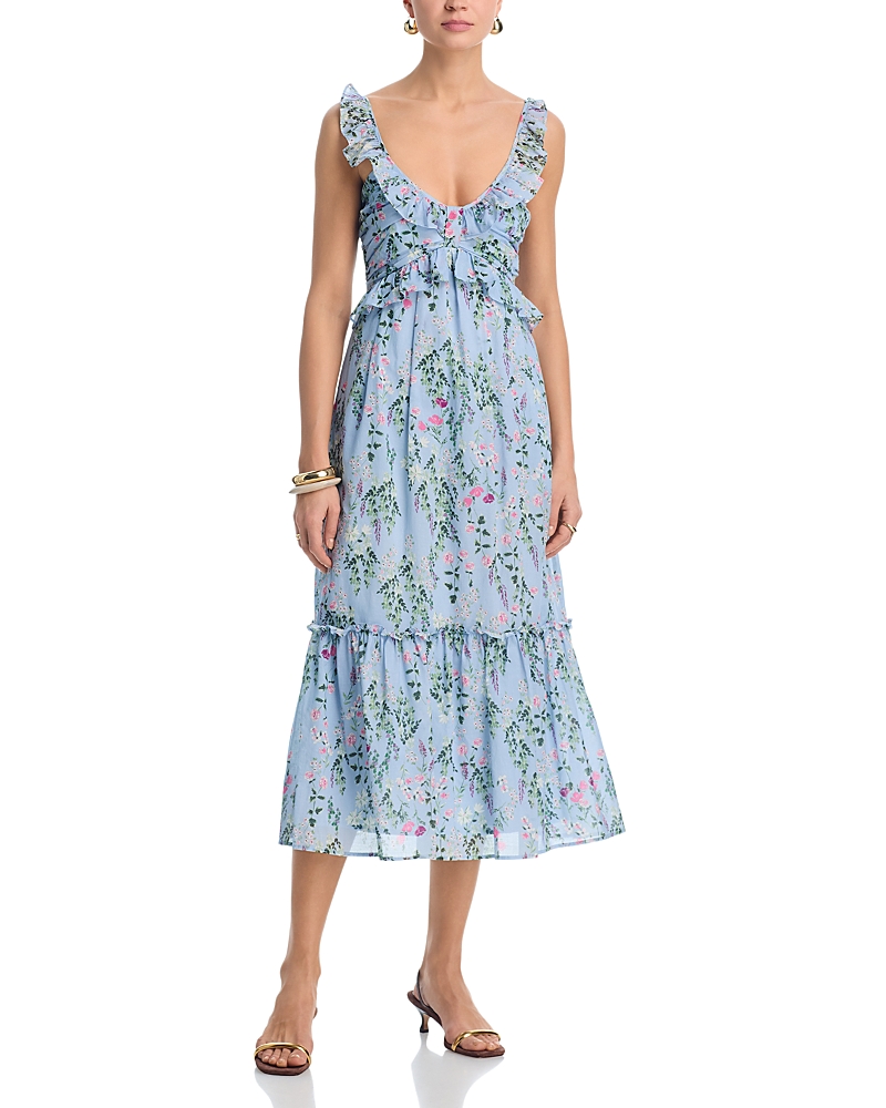 Aqua Flower Bouquet Ruffle V Neck Midi Dress - Exclusive