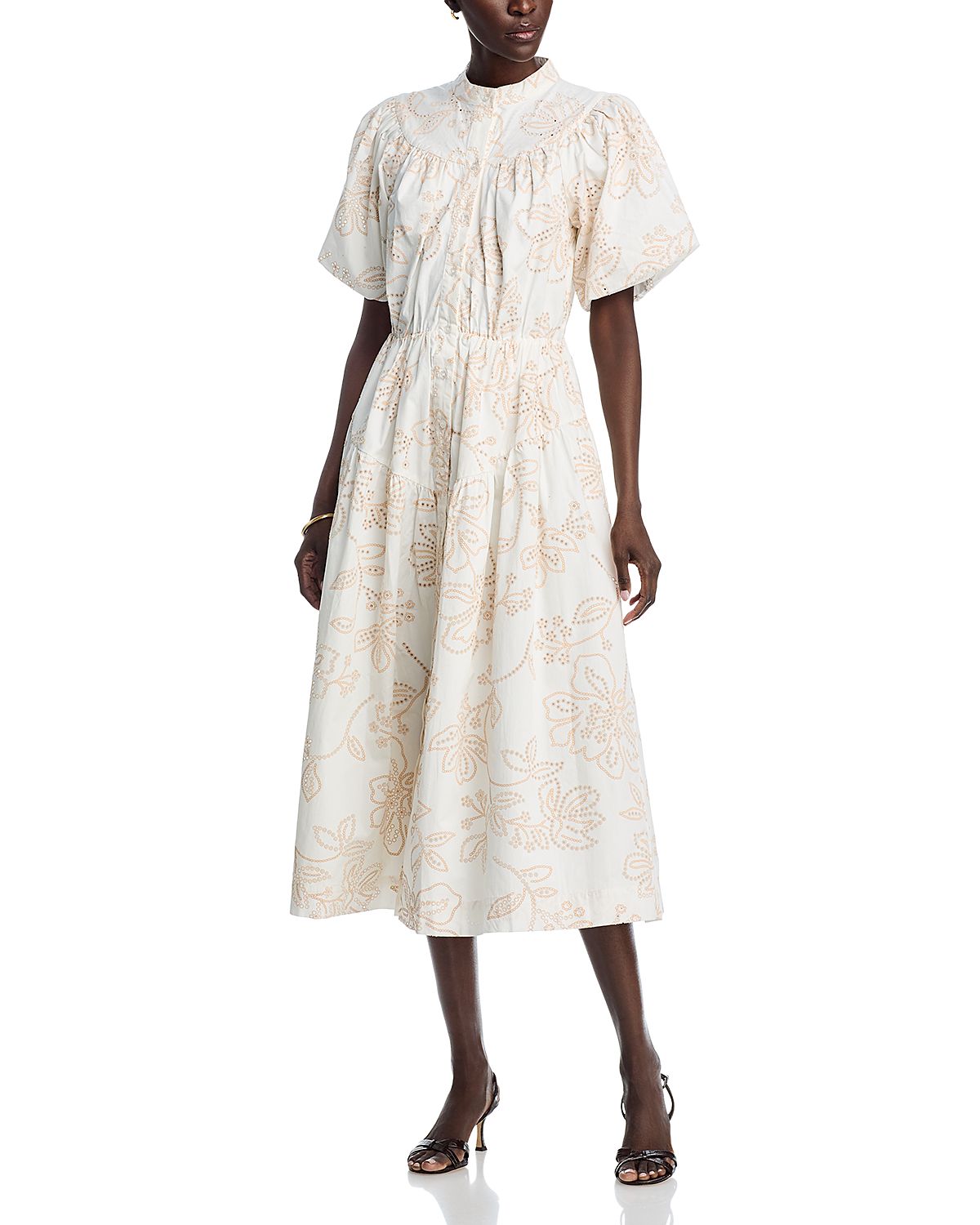 T Tahari Short Puff Sleeve Button Down Printed Eyelet Midi Dress