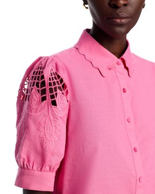 Embroidered Sleeve Button Down Blouse