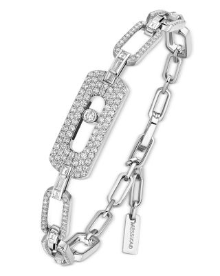 14K White Gold Move Link Diamond Gourmette Bracelet