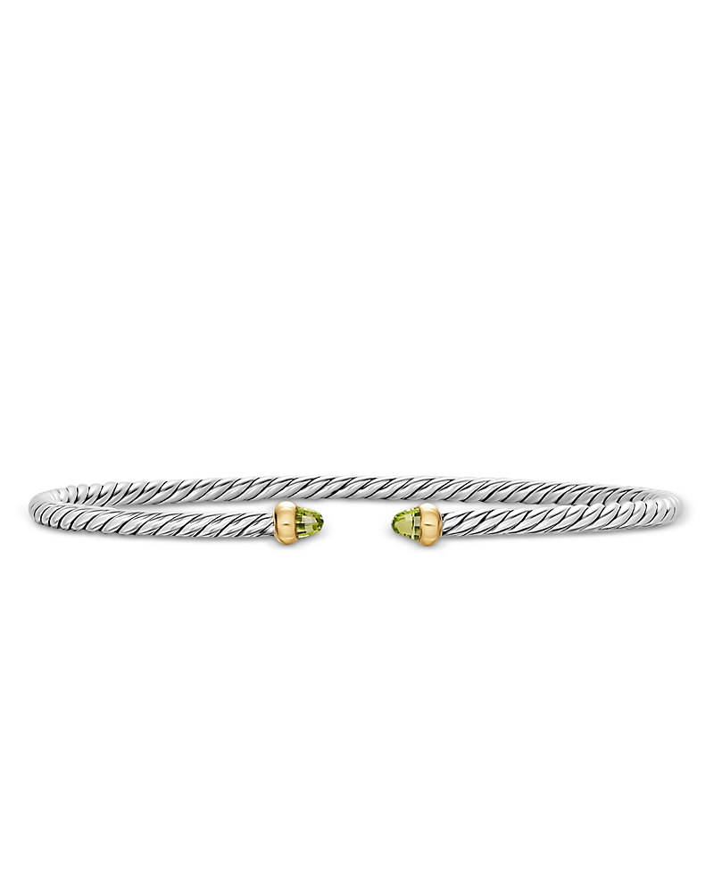 Micro Cable Flex Bracelet in Sterling Silver with 14K Yellow Gold and Peridot, 2.6mm
