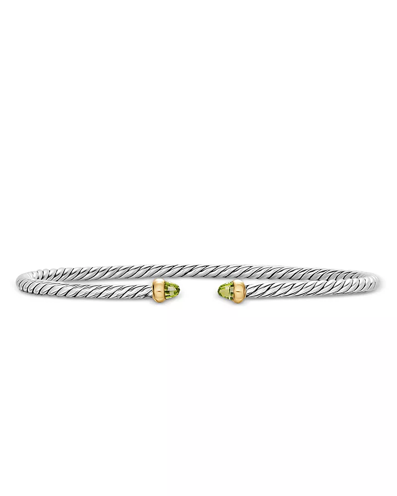 Micro Cable Flex Bracelet in Sterling Silver with 14K Yellow Gold and Peridot, 2.6mm