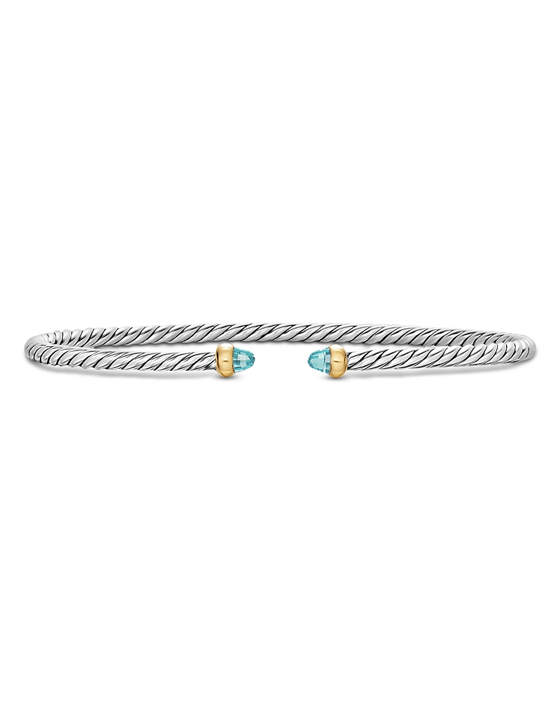 Micro Cable Flex Bracelet in Sterling Silver with 14K Yellow Gold and Aquamarine, 2.6mm