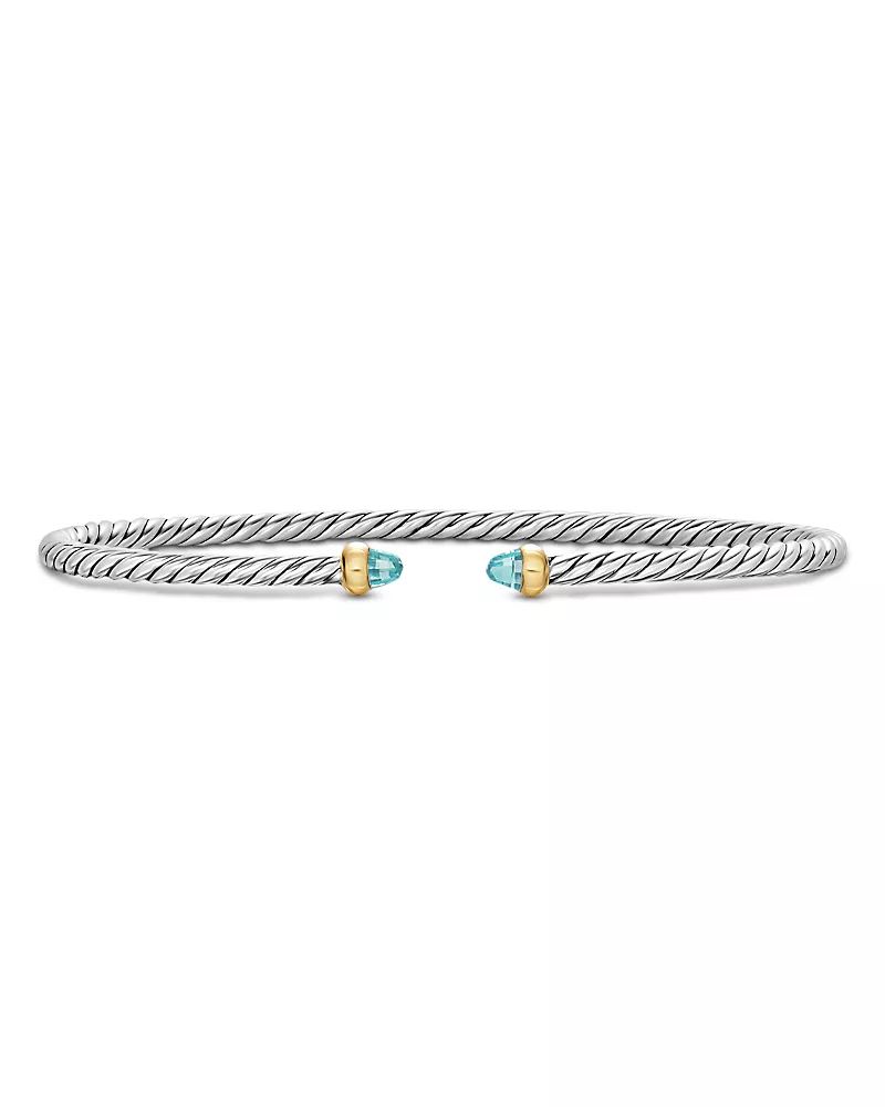 Micro Cable Flex Bracelet in Sterling Silver with 14K Yellow Gold and Aquamarine, 2.6mm
