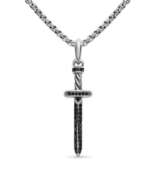 Men's Pav&eacute; Sword Amulet in Sterling Silver with Black Diamonds, 41.3mm