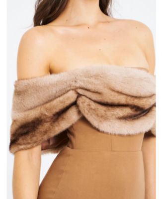  Nadira Off Shoulder Faux Fur Trim Mini Dress