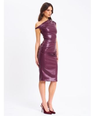 Sabina Faux Leather Slash Neck Midi Dress