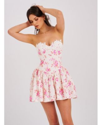  Samara Floral Drop Waist Linen Corset Puffy Mini Dress