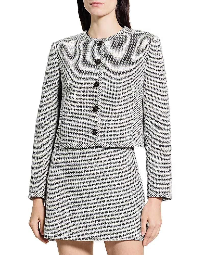 Theory Crewneck Pocket Jacket in Striped Tweed