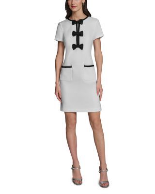 Contrast Framing Bow Short Sleeve Summer Tweed Shift Dress