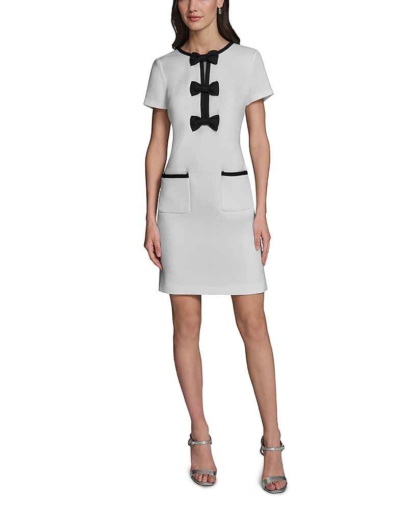 Karl Lagerfeld Paris Contrast Framing Bow Short Sleeve Summer Tweed Shift Dress