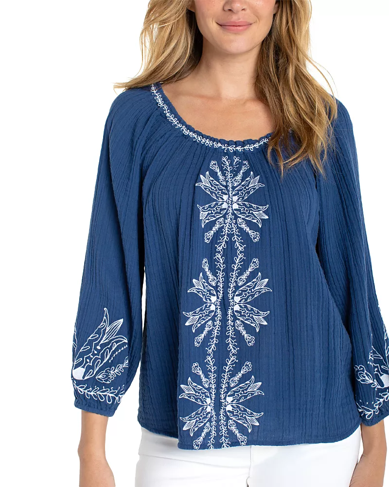 Liverpool Los Angeles Plus 3/4 Sleeve Embroidered Top