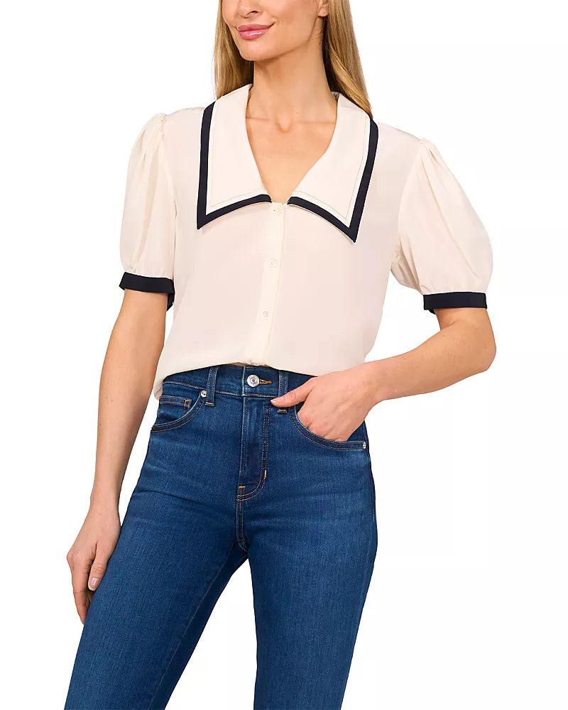 CeCe Puff Sleeve Point Collar Top