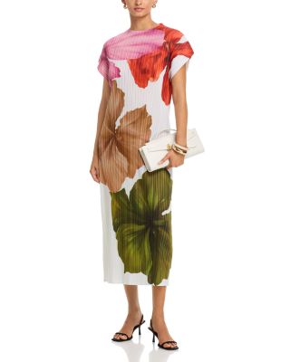 Pleated Leaf Print Dress