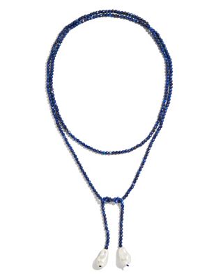 Imitation Pearl Lapis Lazuli Beaded Wrap Necklace, 50"