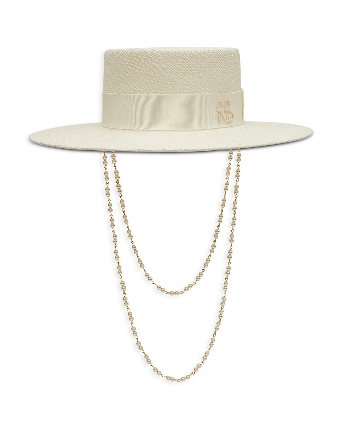 Ruslan Baginskiy Monogram Embellished White Canotier Hat
