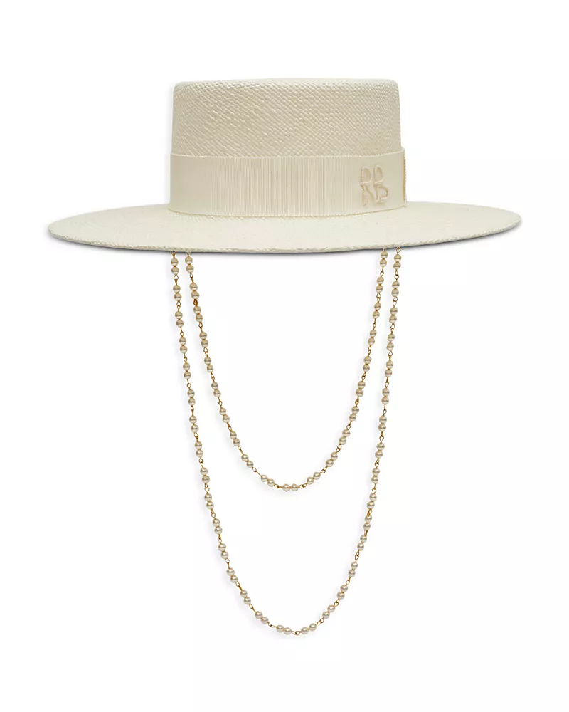 Ruslan Baginskiy Monogram Embellished White Canotier Hat