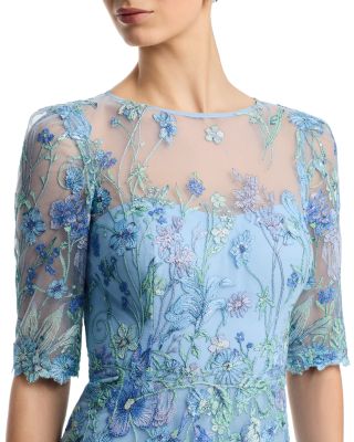 Embroidered Tulle Elbow Sleeve Gown