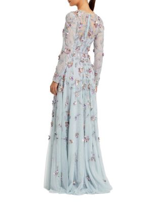  Long Sleeve Mesh Gown With Floral Detail