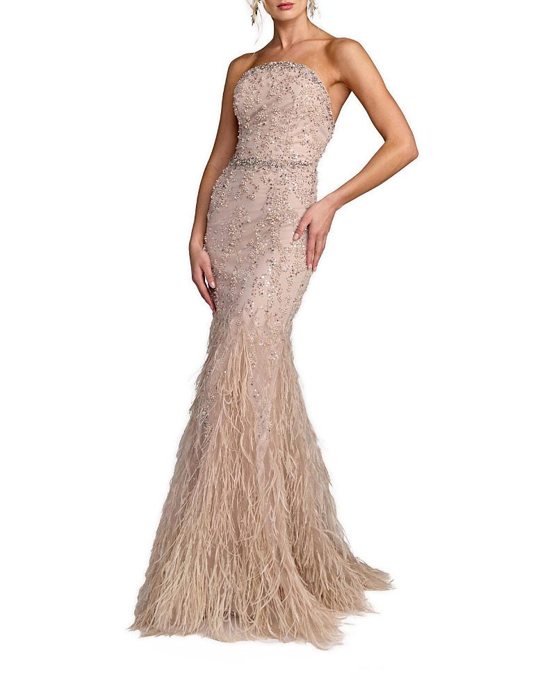 Mac Duggal Strapless Beaded Net Trumpet Gown with Feathers
