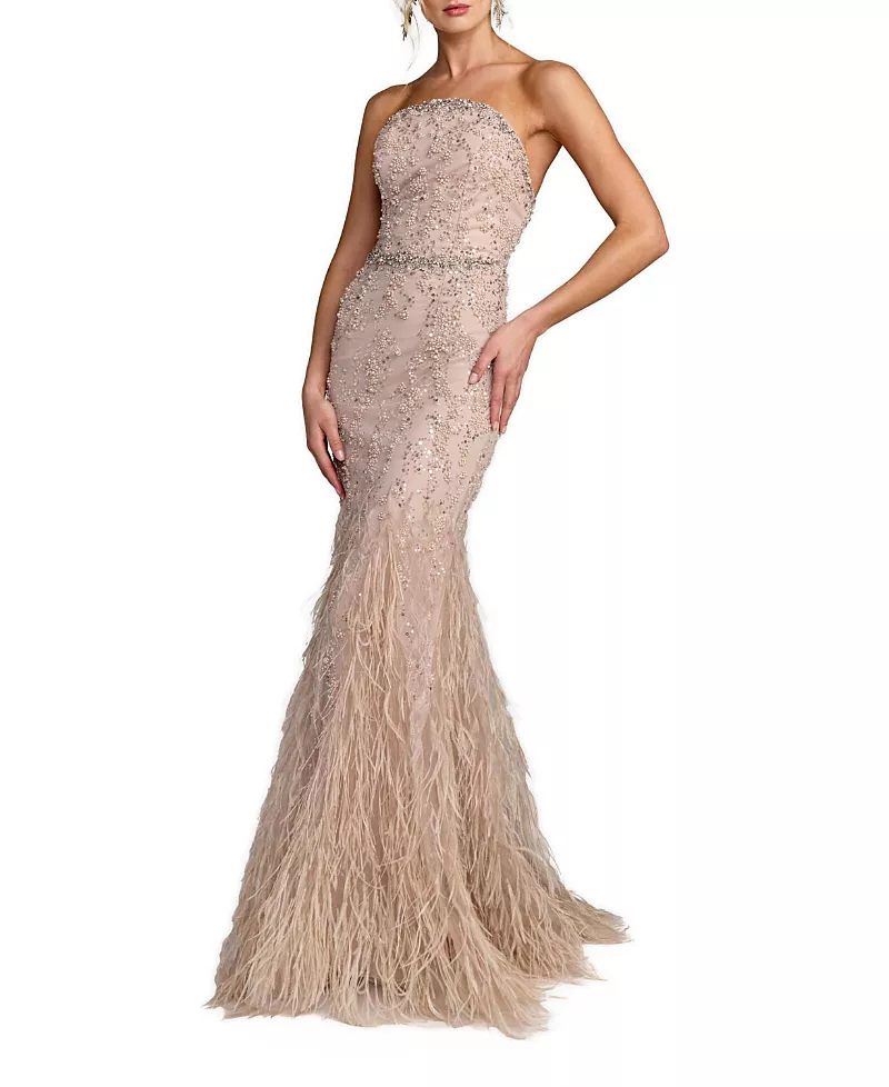 Mac Duggal Strapless Beaded Net Trumpet Gown with Feathers