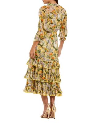 Floral V-Neck Ruffle Midi Dress with 3/4 Sleeves