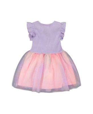  Girls' Short Flutter Sleeve Bi-Material Mesh Dress - Little Kid