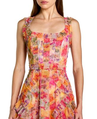 Floral Scoop Neck A-Line Ruffle Midi Dress