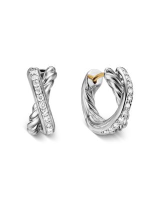 Crossover Huggie Hoop Earrings in Sterling Silver with Diamonds, 12.4mm