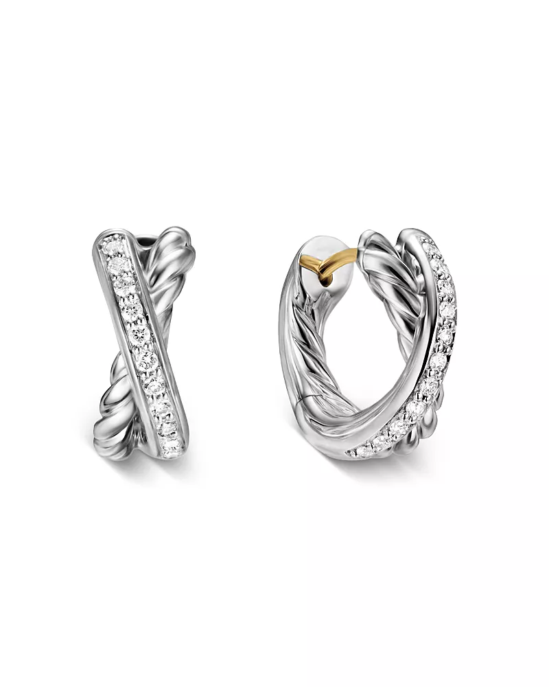 Crossover Huggie Hoop Earrings in Sterling Silver with Diamonds, 12.4mm