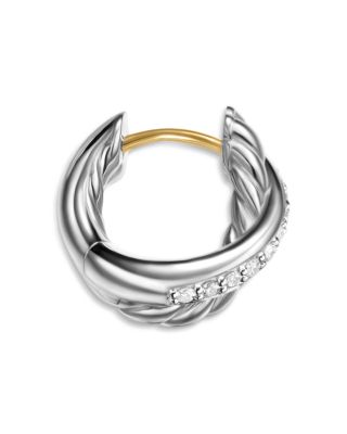 Crossover Huggie Hoop Earrings in Sterling Silver with Diamonds, 12.4mm