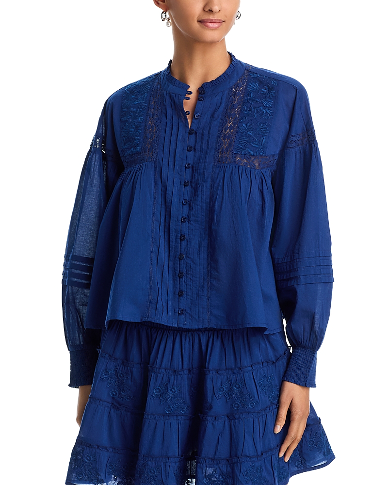 Aqua Embroidered Pintucked Blouse - Exclusive