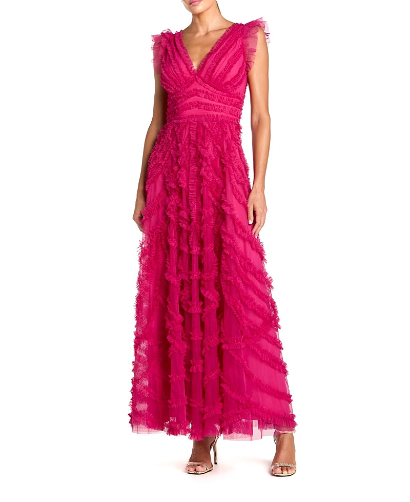 Mac Duggal V-Neck Cap Sleeve Ruffle Maxi Dress