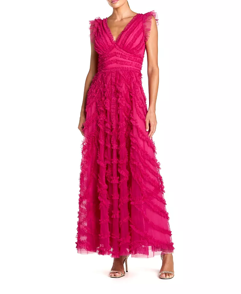 Mac Duggal V-Neck Cap Sleeve Ruffle Maxi Dress