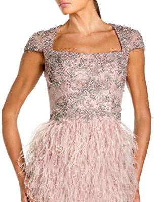  Embellished Cap Sleeve Feather Gown