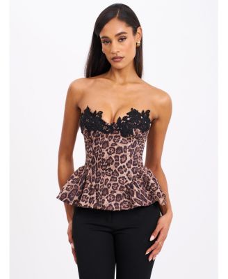  Qiara Cheetah Print Peplum Top with Lace Trim