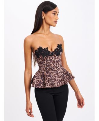  Qiara Cheetah Print Peplum Top with Lace Trim