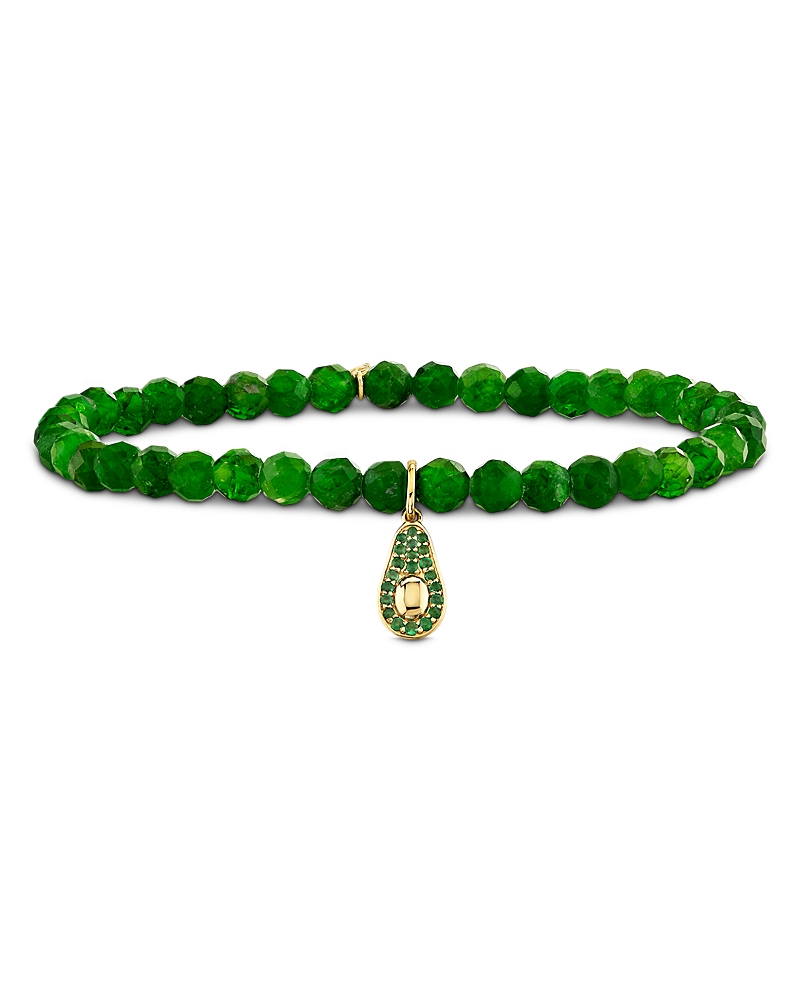 Sydney Evan 14K Yellow Gold The Terra Green Chrome Diopside & Emerald Avocado Charm Stretch Bracelet