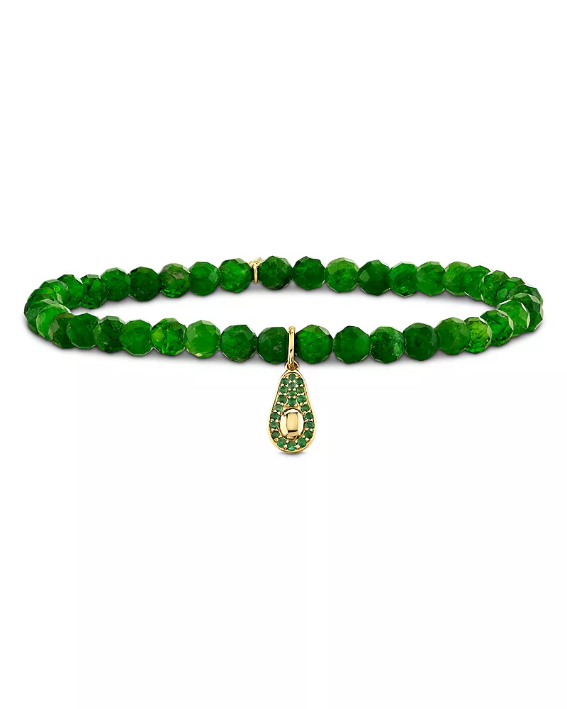 Sydney Evan 14K Yellow Gold The Terra Green Chrome Diopside & Emerald Avocado Charm Stretch Bracelet
