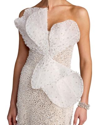  Sequin Organza Strapless Bow Detail Column Gown