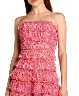  Ruffle Mesh Strapless Midi Dress