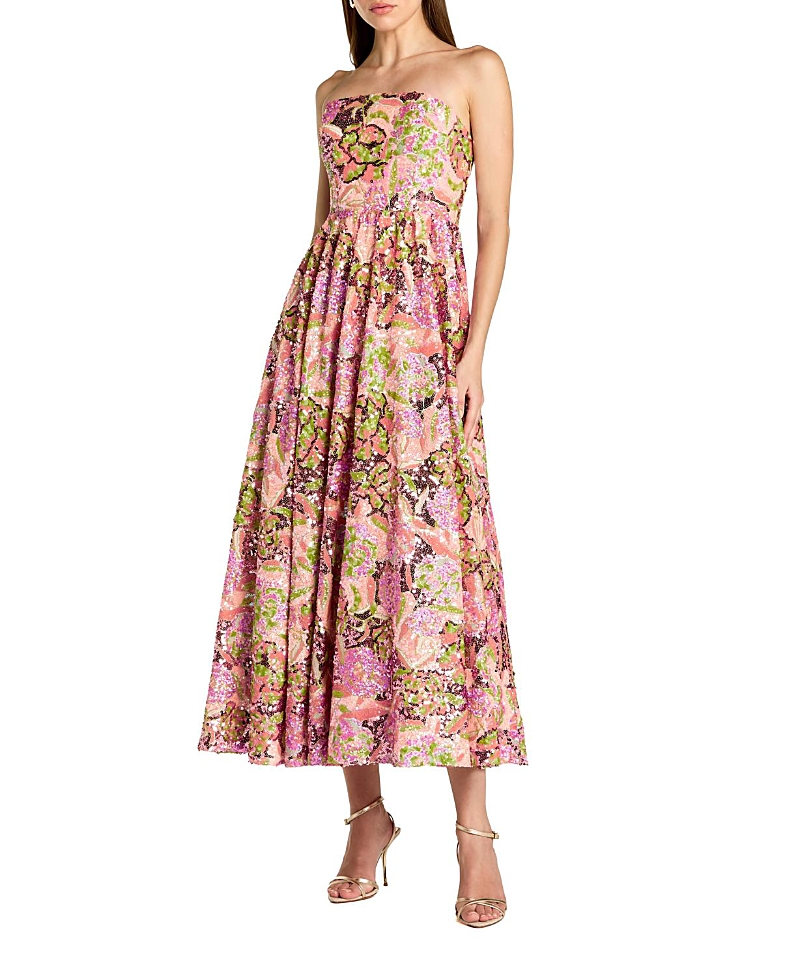 Mac Duggal Floral Sequin Strapless A Line Midi Dress