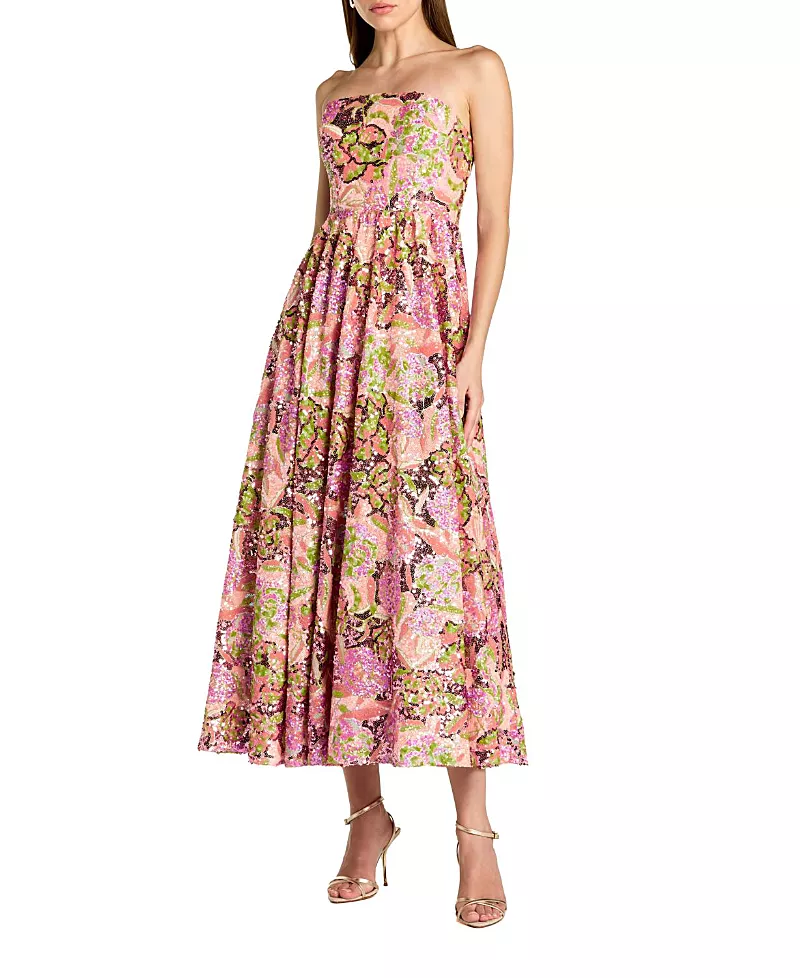 Mac Duggal Floral Sequin Strapless A Line Midi Dress