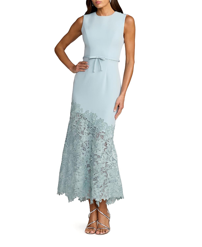 Mac Duggal Crepe Embroidered Hem Sleeveless Midi Dress