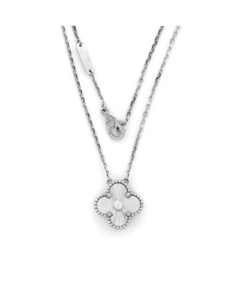 Vintage-Like Alhambra Pendant Necklace Guilloche 18K White Gold with Diamond, 18.25"