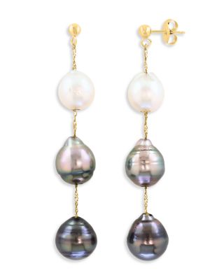 Pearl Spring White South Sea, & Gray and Black Tahitian Pearl Linear Drop Earrings in 14K Yellow Gold