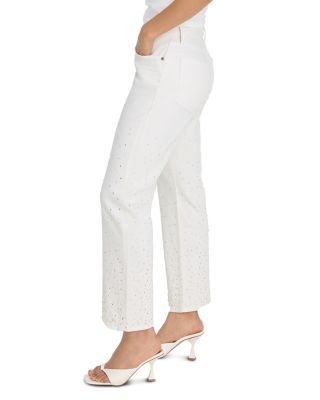 Good Icon High Rise Straight Ankle Embellished Jeans in White001
