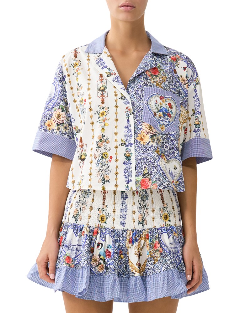 Camilla Cropped Camp Collar Blouse in The Pottery Parlour